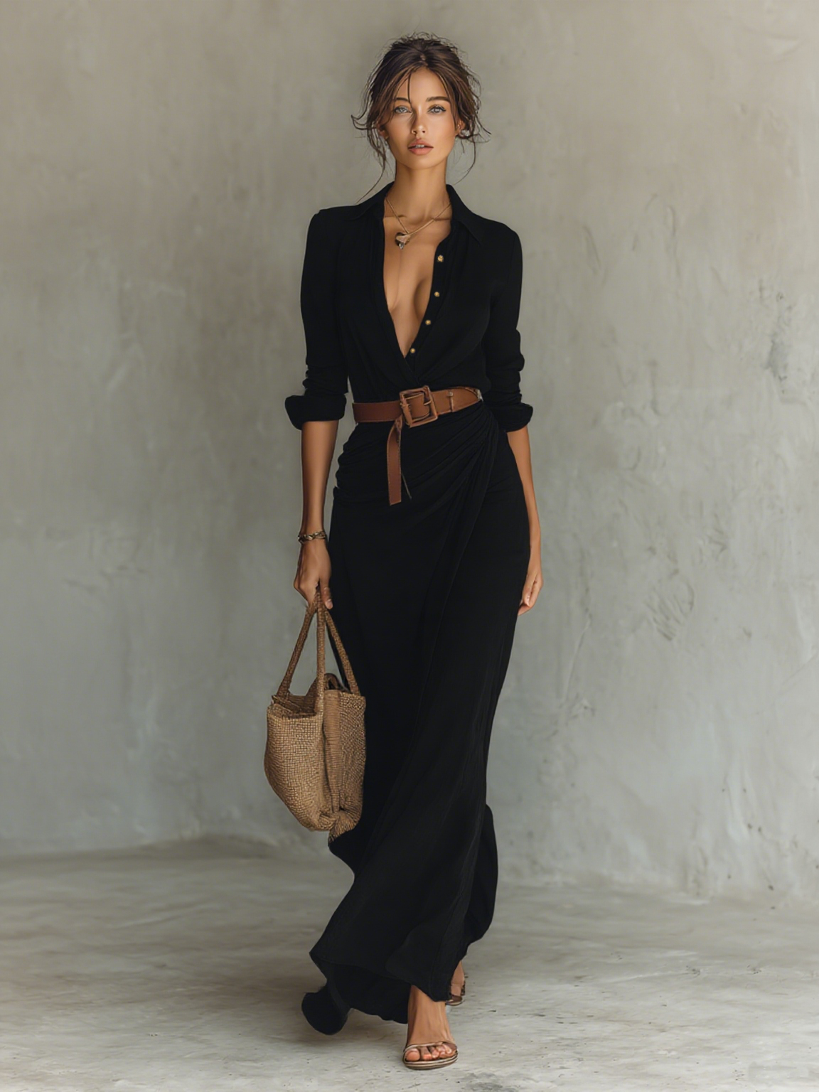 Sofie – Long Maxi Dress with Lapel Collar and Belt