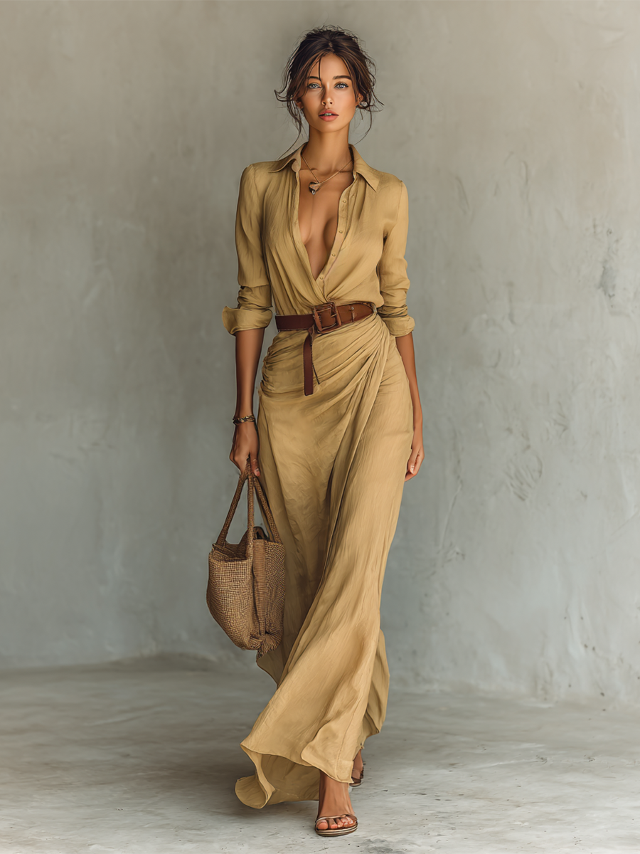 Sofie – Long Maxi Dress with Lapel Collar and Belt