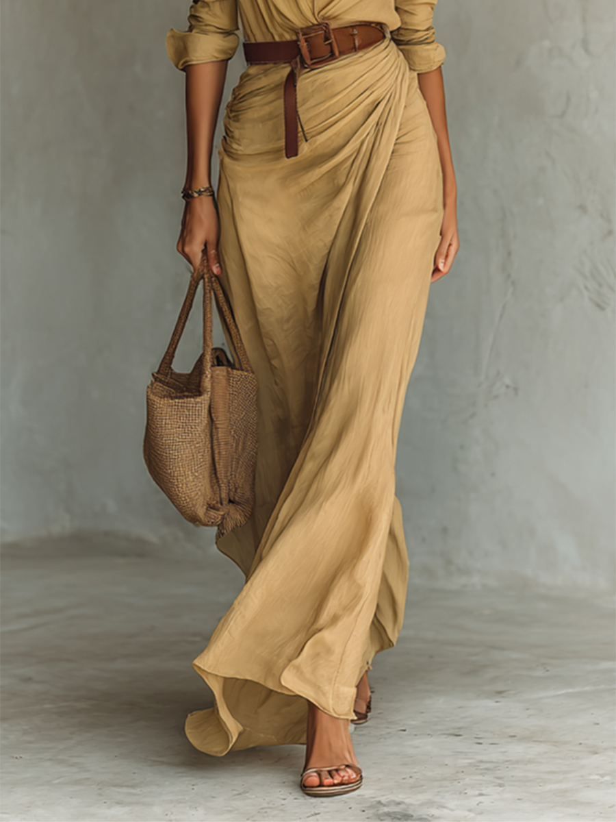 Sofie – Long Maxi Dress with Lapel Collar and Belt