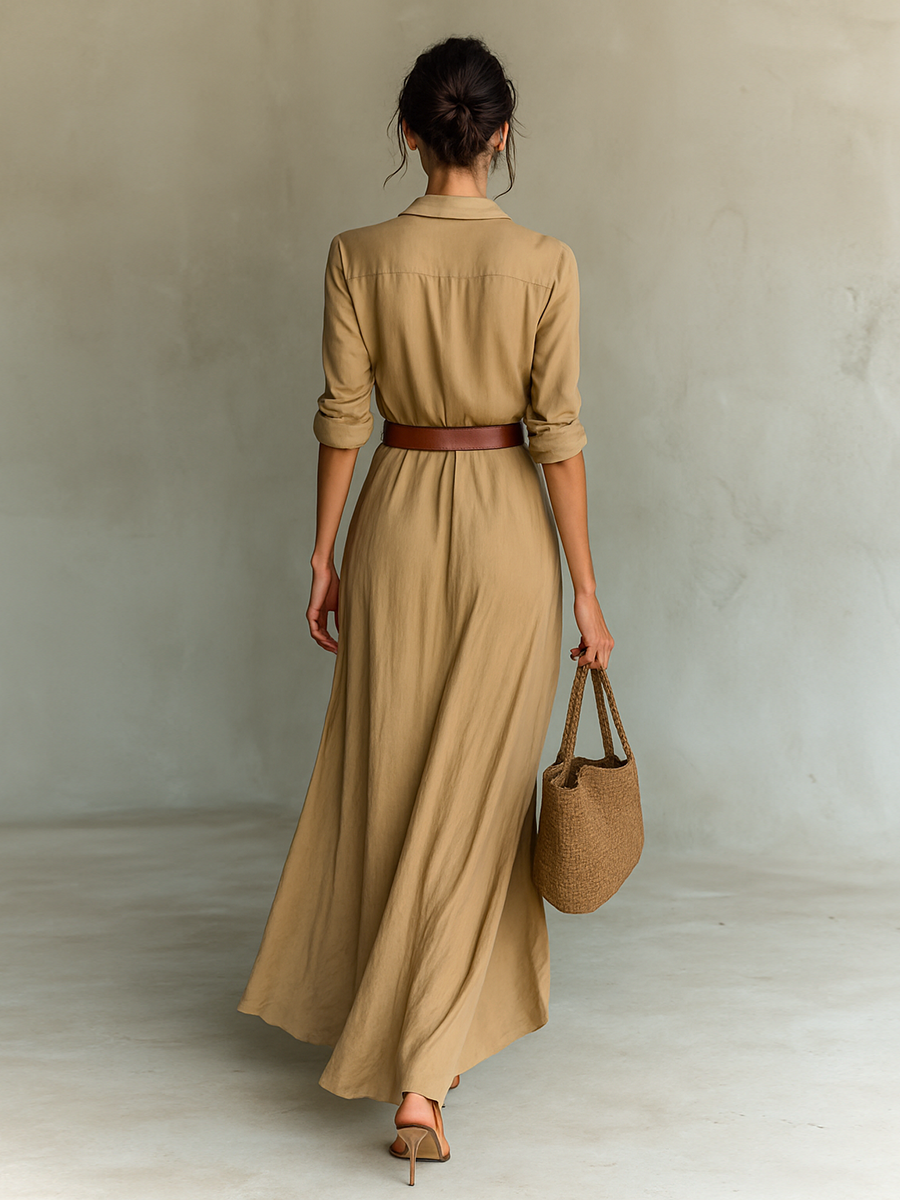 Sofie – Long Maxi Dress with Lapel Collar and Belt