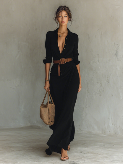 Sofie – Long Maxi Dress with Lapel Collar and Belt